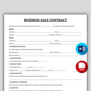 Pode incluir: Um modelo de contrato de venda de negócios com o título "BUSINESS SALE CONTRACT". O documento inclui seções para informações do vendedor e do comprador, descrição do negócio, preço de compra, condições de pagamento, ativos incluídos, transferência de propriedade e responsabilidades.