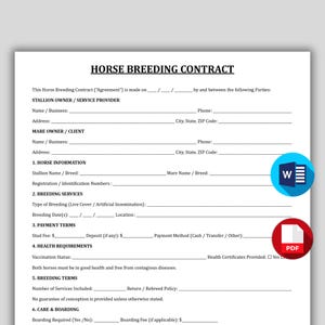 Horse Breeding Contract Template, Professional Equine Breeding Agreement, Printable Horse Breeding Waiver Form, Mare Owner Agreement