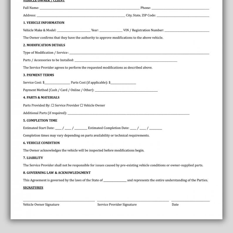 Vehicle Modification Contract Template, Custom Auto Shop Service ...