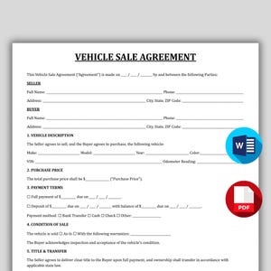 Single Page Vehicle Sale Agreement Template, Private Car Sale Contract, Printable Vehicle Bill of Sale Form, Auto Title Transfer, Word & PDF