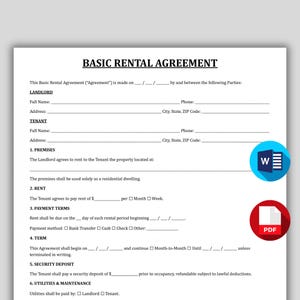 May include: A Basic Rental Agreement document with fillable fields for landlord and tenant information. The document includes sections for premises, rent, payment terms, term, and security deposit. A PDF icon and a blue and white 'W' logo are visible.