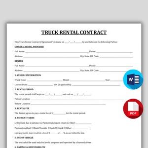 May include: A Truck Rental Contract document with the title "TRUCK RENTAL CONTRACT" in bold black text. The document includes sections for owner/rental provider and renter information, vehicle details, rental period, and payment terms. A blue and white "W" logo and a red "PDF" logo are in the lower right corner.