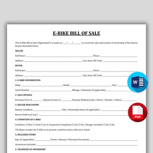 Printable E-Bike Bill of Sale Form, Editable Electric Bike Purchase Agreement, Motor Cycle Sales Contract Template E Bike Receipt PDF & Word