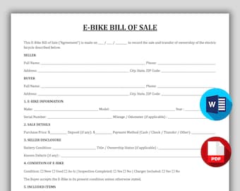 Printable E-Bike Bill of Sale Form, Editable Electric Bike Purchase Agreement, Motor Cycle Sales Contract Template E Bike Receipt PDF & Word