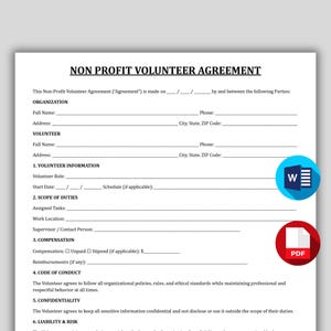 May include: A Non-Profit Volunteer Agreement form with fillable fields for organization and volunteer information. Includes sections for duties, compensation, and code of conduct. Features a blue and white 'W' logo and a red PDF icon.
