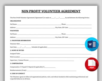 Non-Profit Volunteer Agreement, Professional Volunteer Contract Template, Printable Charitable Organization Agreement, NGO Volunteer Waiver