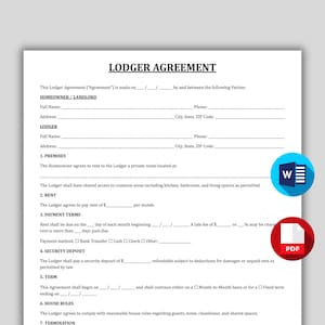 Peut inclure: Document intitulé "LODGER AGREEMENT" avec des sections pour les informations du propriétaire/bailleur et du locataire. Il décrit les locaux, le loyer, les conditions de paiement, la caution, la durée, les règles de la maison et la résiliation. Avec icônes Word et PDF.