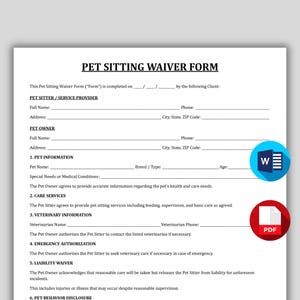 Może przedstawiać: Formularz zrzeczenia się opieki nad zwierzętami zatytułowany "PET SITTING WAIVER FORM". Formularz zawiera sekcje dla opiekuna zwierzęcia, właściciela zwierzęcia, informacje o zwierzęciu, usługi opieki, informacje weterynaryjne, upoważnienie w nagłych wypadkach i zrzeczenie się odpowiedzialności. Niebieskie i białe logo "W" oraz czerwone logo "PDF" znajdują się w prawym dolnym rogu.