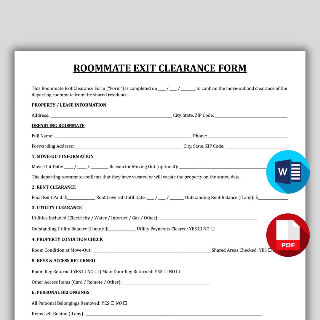 Tenant Exit Form.pdf Roommate Exit Clearance Form, Printable Move Out Checklist for ...