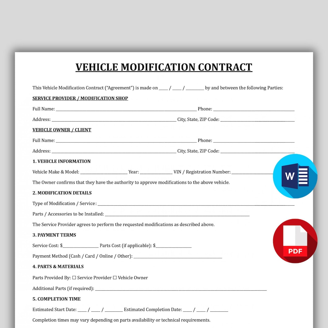 Vehicle Modification Contract Template, Custom Auto Shop Service ...