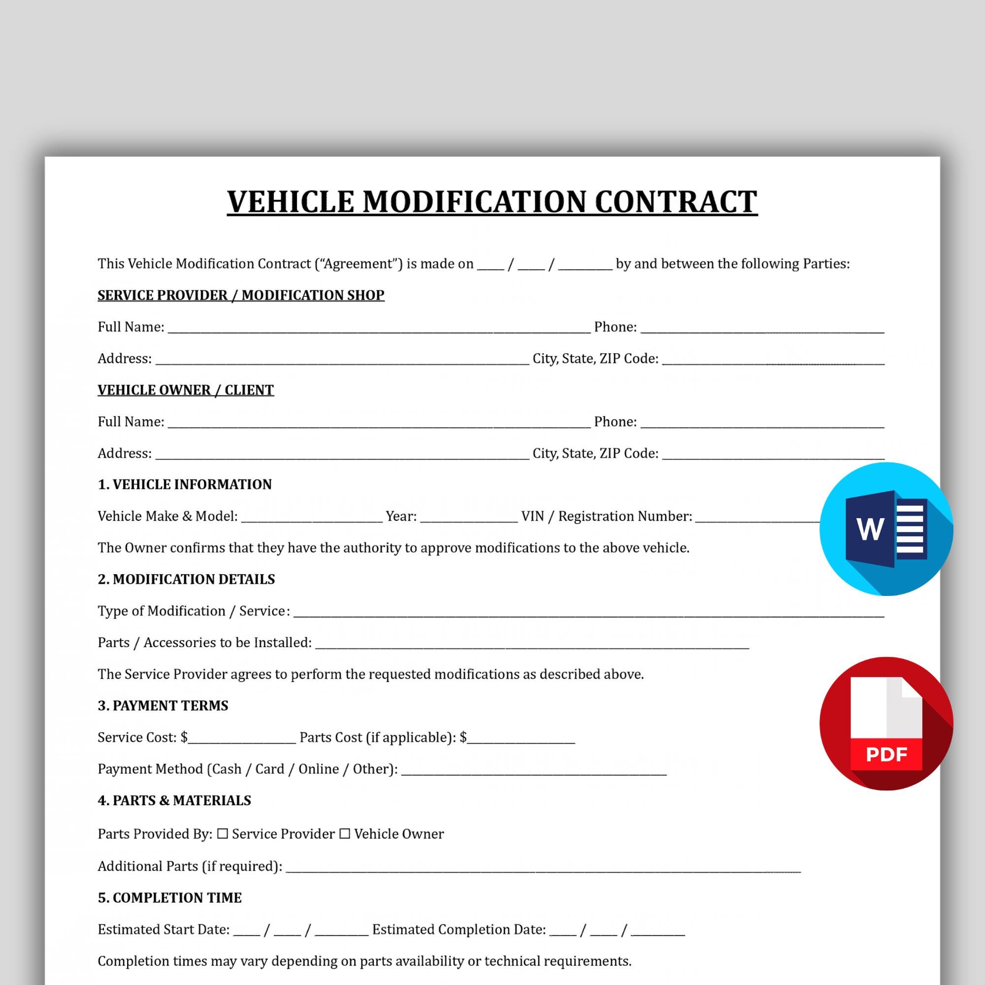 Vehicle Modification Contract Template, Custom Auto Shop Service ...