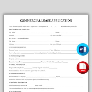 May include: A commercial lease application form with sections for property owner, tenant, business information, and rental details. Includes a blue 'W' icon and a red PDF icon.