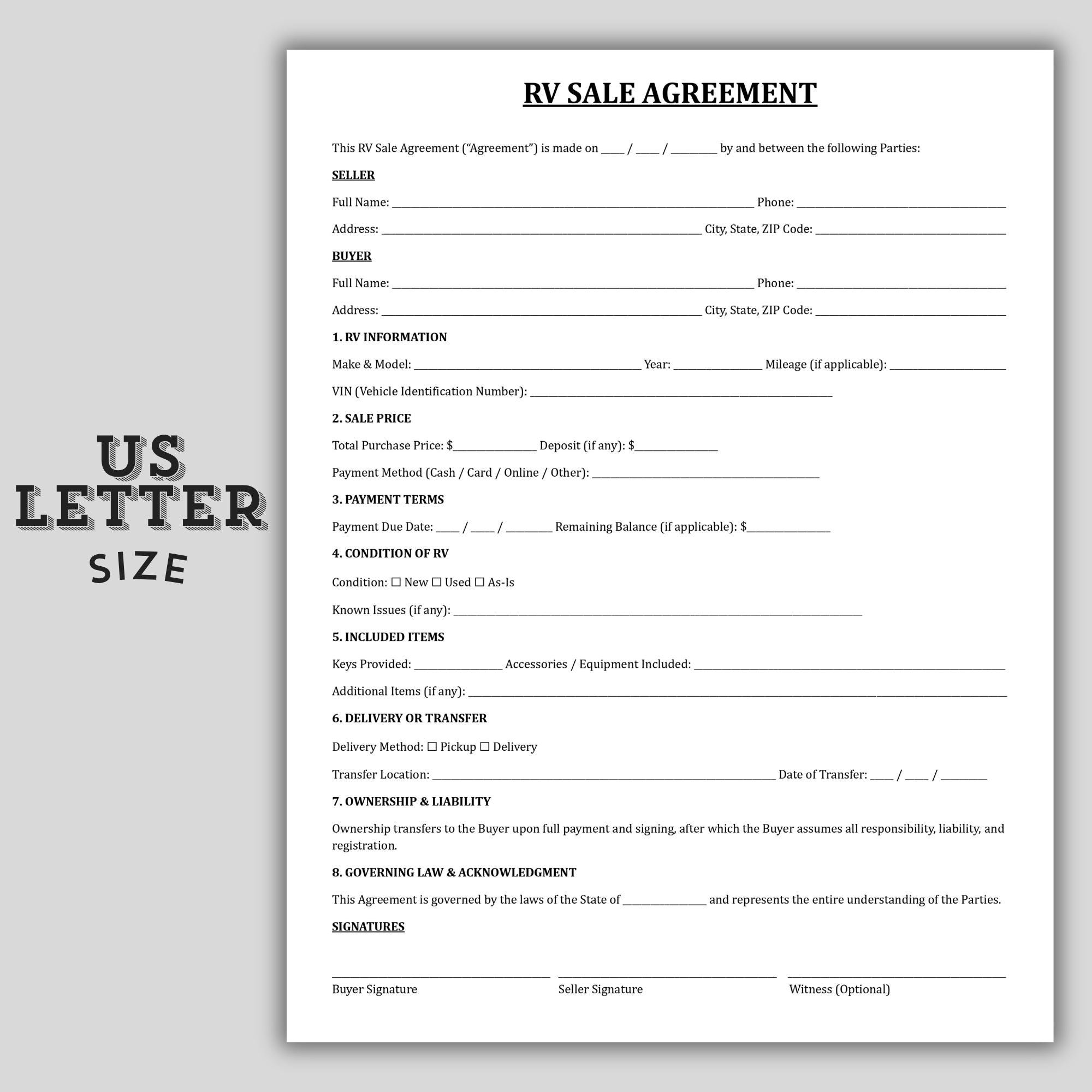 RV Sale Agreement Template, Professional RV Sale Contract, Printable ...