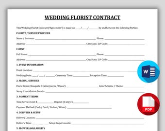Wedding Florist Contract Template, vent Florist Booking Form, Customizable Event Floral Designer Agreement, Floral Design & Setup Contract