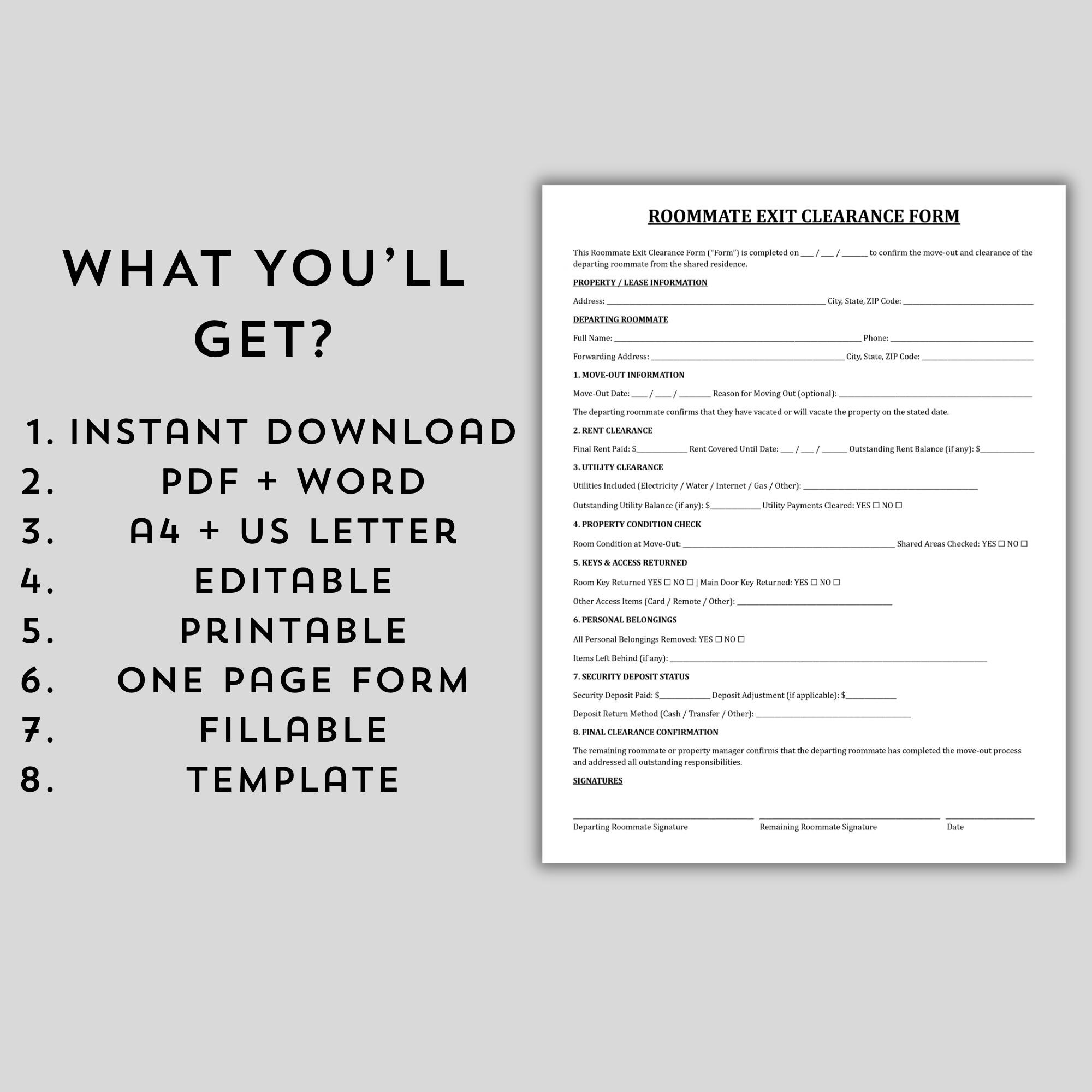 Tenant Exit Form.pdf Roommate Exit Clearance Form, Printable Move Out Checklist for ...