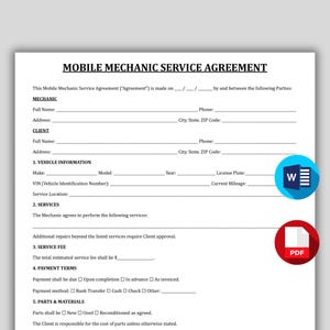 Può includere: Un modulo di Mobile Mechanic Service Agreement con sezioni per le informazioni sul meccanico e sul cliente, i dettagli del veicolo, i servizi, le tariffe, i termini di pagamento e i pezzi. C'è un logo 'W' blu e bianco e un logo 'PDF' rosso.