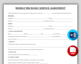 Printable Mobile Mechanic Service Agreement, Auto Repair Contract Template, Auto Service Invoice, Editable Mechanic Liability Waiver Form