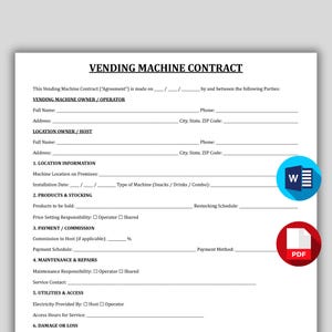Vending Machine Contract Template, Professional Vending Rental Form, Printable Snack & Drink Vending Contract, Vending Machine Lease