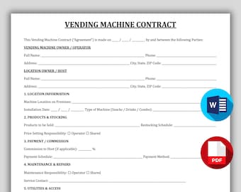 Vending Machine Contract Template, Professional Vending Rental Form, Printable Snack & Drink Vending Contract, Vending Machine Lease