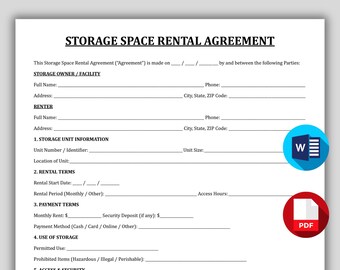 Storage Space Rental Agreement Template, Printable Storage Lease Agreement, Warehouse Space Rental Form, Editable Personal Storage Contract
