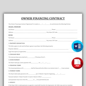 May include: A white Owner Financing Contract document with black text. The document includes sections for seller/financier and buyer information, property description, purchase price, down payment, financing terms, and payment terms. A blue and white 'W' logo and a red 'PDF' logo are in the lower right corner.