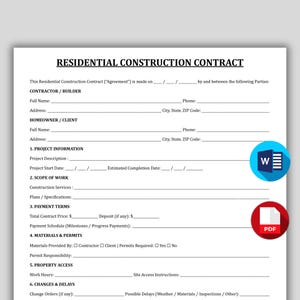 Op de afbeelding: Een wit document getiteld Residential Construction Contract met zwarte tekst en lege regels voor het invullen van aannemer-, klant-, project- en betalingsgegevens. Rechts staan twee ronde iconen, een blauwe met een witte W voor Word en een rode voor PDF.