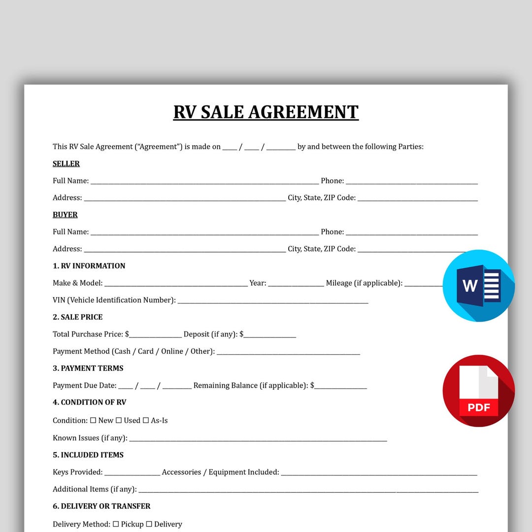 RV Sale Agreement Template, Professional RV Sale Contract, Printable ...