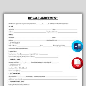 May include: A white RV Sale Agreement form with black text. The document includes sections for seller and buyer information, RV details, sale price, payment terms, and delivery options. A blue and white 'W' logo and a red 'PDF' logo are in the lower right corner.