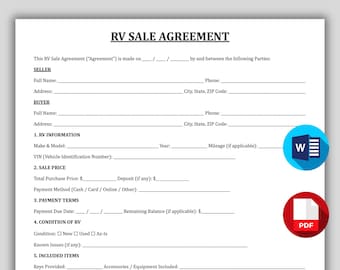 RV Sale Agreement Template, Professional RV Sale Contract, Printable & Editable Motorhome Sales Agreement, RV Bill of Sale, Trailer Purchase