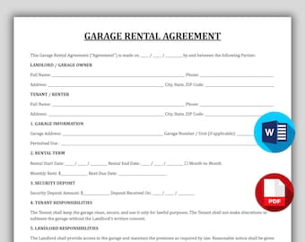 One Page Garage Rental Agreement Template. Printable Storage Space Lease Contract Form, Parking Spot Lease Agreement, Garage Contract PDF