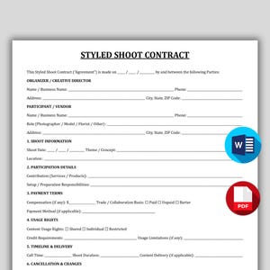 May include: A styled shoot contract on white paper with black text. The document includes sections for organizer, participant, shoot information, participation details, payment terms, usage rights, and timeline. A blue and white 'W' logo and a red 'PDF' icon are in the lower right corner.