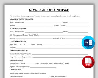 Mall för stylat fotograferingskontrakt, utskrivbart samarbetskontrakt för innehållsskapare, modell för samtyckesformulär för bildanvändning, fotograferingskontrakt