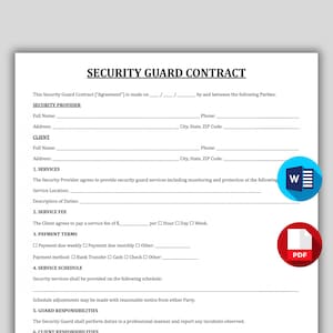 Könnte beinhalten: Eine Vorlage für einen Sicherheitsdienstvertrag mit der Überschrift "SICHERHEITSDIENSTVERTRAG" oben. Das Dokument enthält Abschnitte für die Informationen des Sicherheitsdienstleisters und des Kunden, Servicedetails, Zahlungsbedingungen und Verantwortlichkeiten. Symbole für Word und PDF befinden sich unten rechts.