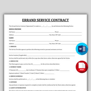 May include: A printed errand service contract with fillable fields for service provider and client information. Includes sections for services, fees, payment terms, and schedule. Features a blue 'W' icon and a red PDF icon.
