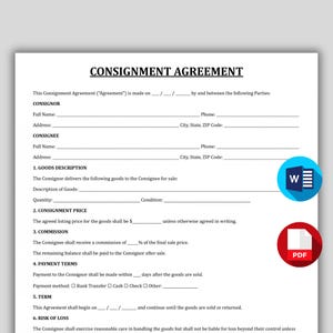 May include: A consignment agreement form with sections for consignor and consignee details, goods description, pricing, commission, payment terms, and terms. Features a blue 'W' icon and a red PDF icon.
