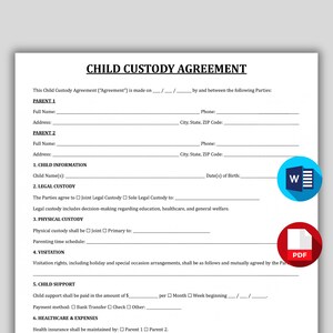 May include: A Child Custody Agreement form with fillable fields for parent information, child details, and legal custody arrangements. Includes sections for physical custody, visitation, and child support. Features a blue 'W' icon and a red PDF icon.