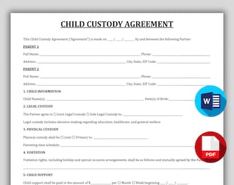 Professional Child Custody Agreement, Child Support Contract Template, Printable Co-Parenting Plan, Editable Joint Custody Agreement Onepage