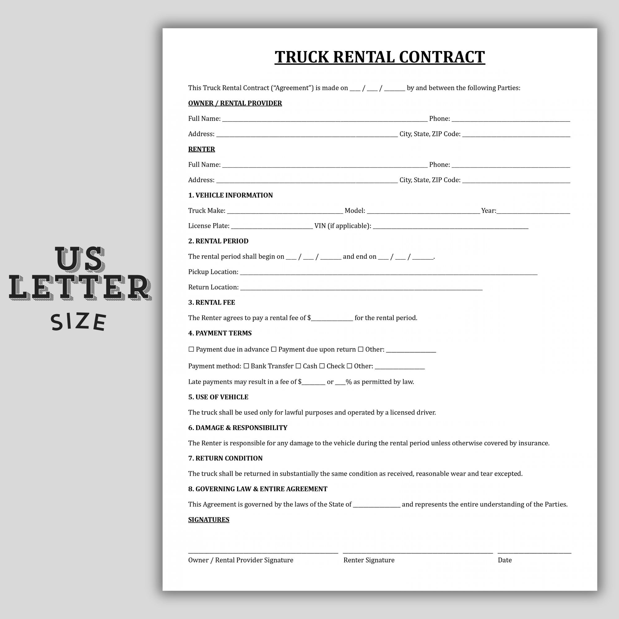Truck Rental Contract Template, Editable Commercial Vehicle Lease ...