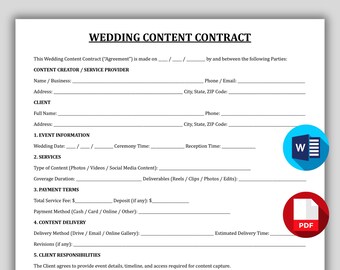 Printable Wedding Content Contract, BTS Video Content Creator Contract, Professional Wedding Media Contract, Wedding Content Creator Forms