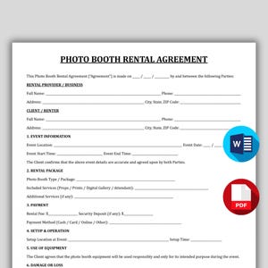 May include: A Photo Booth Rental Agreement document with the title in bold black letters. The document includes sections for rental provider, client information, event details, rental package, payment, setup, and equipment use. Includes a PDF icon and a Microsoft Word icon.