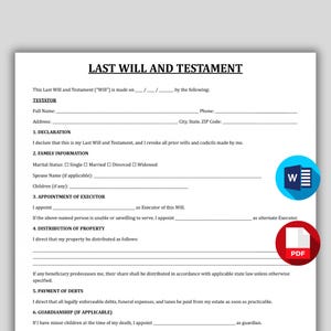 May include: A printed Last Will and Testament form on white paper. The document includes sections for testator information, family details, and property distribution. A blue and white 'W' logo and a red PDF icon are in the lower right corner.