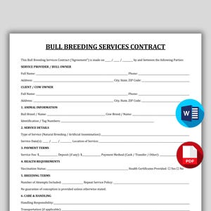 Puede incluir: Un formulario impreso "CONTRATO DE SERVICIOS DE CRÍA DE TOROS". El documento incluye secciones para los detalles del servicio, los términos de pago y la información del animal. Un icono "W" azul y blanco y un icono "PDF" rojo están en la esquina inferior derecha.