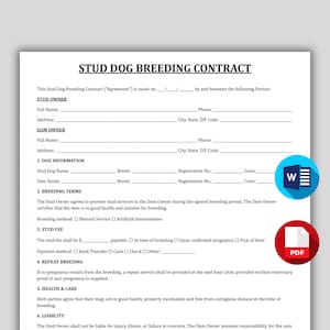 May include: A printed Stud Dog Breeding Contract on white paper. The document includes sections for stud owner and dam owner information, dog details, breeding terms, stud fee, repeat breeding, health, and liability. A blue and white 'W' icon and a red 'PDF' icon are in the lower right.