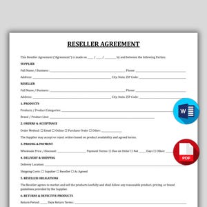 May include: A printed Reseller Agreement document featuring sections for Supplier and Reseller details, product information, order methods, pricing, delivery, and obligations. Two circular icons for Word and PDF file formats appear on the right side.