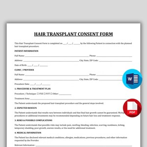 Puede incluir: Un formulario de consentimiento para trasplante capilar en color blanco con texto negro. Incluye secciones para información del paciente, detalles del proveedor, plan de tratamiento, resultados esperados, riesgos e información médica con líneas en blanco.