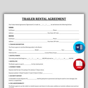 Può includere: Un documento bianco intitolato "TRAILER RENTAL AGREEMENT" con campi compilabili per le informazioni del proprietario e dell'affittuario. Include sezioni per la descrizione del rimorchio, il periodo di noleggio, la tariffa, i termini di pagamento e il deposito cauzionale. Con icona blu di Microsoft Word e icona PDF rossa.