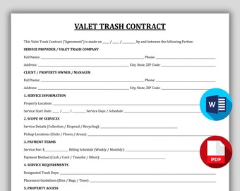 Printable Valet Trash Service Contract, Apartment Trash Collection Agreement, Residential Waste Management Contract Template