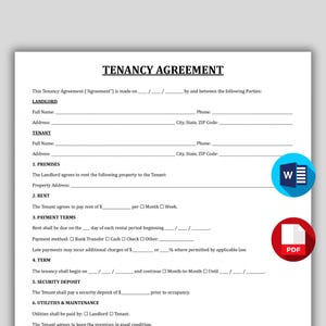 May include: A tenancy agreement document titled "TENANCY AGREEMENT". It contains sections for landlord and tenant details, property address, rent, payment terms, and security deposit. The document includes icons for Word and PDF in the bottom right corner.