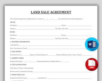 Land Sale Agreement Template,  Professional Vacant Land Purchase Contract, Real Estate Sale Agreement, Printable Private Land Sale Contract