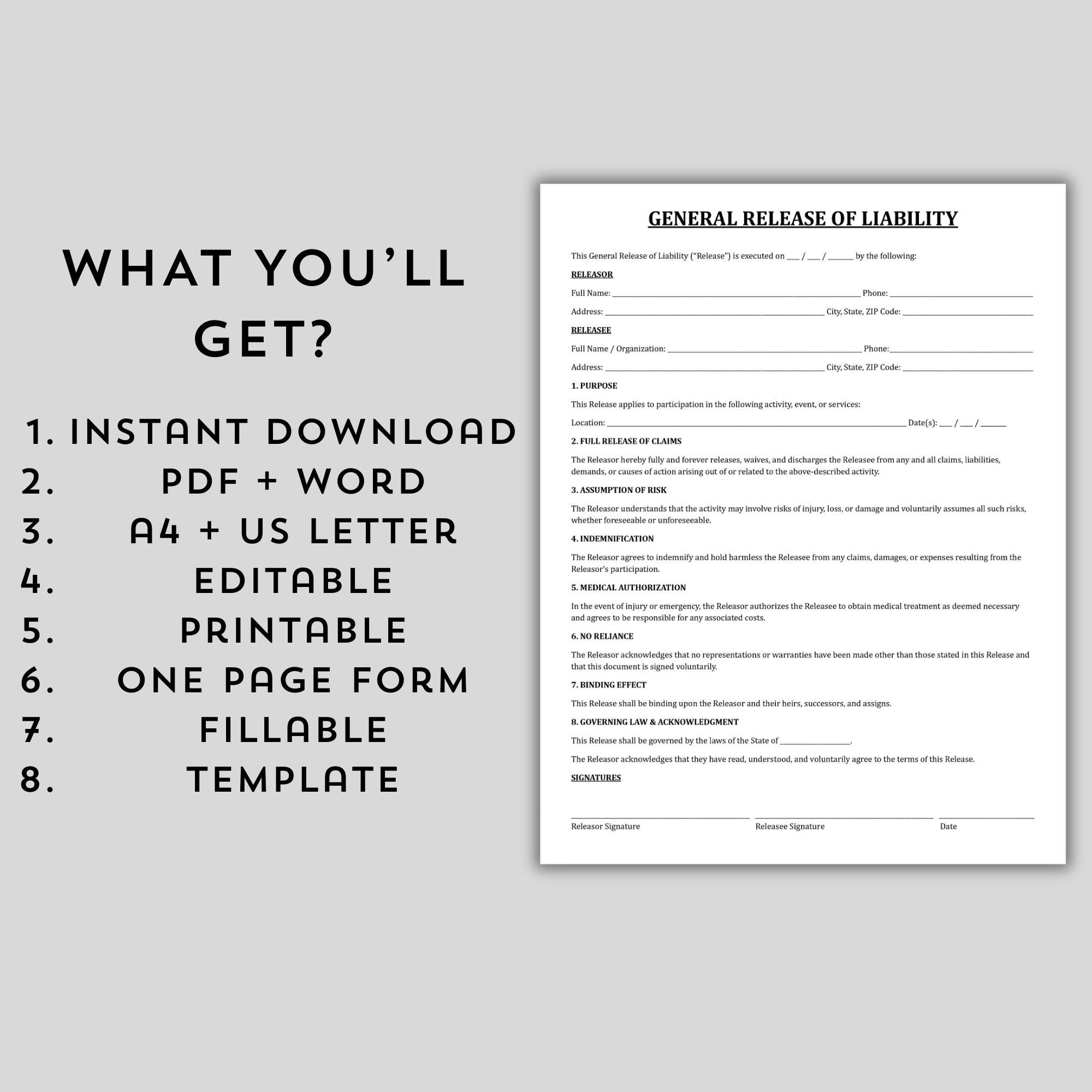 Editable General Release of Liability, Liability Waiver Form Template ...